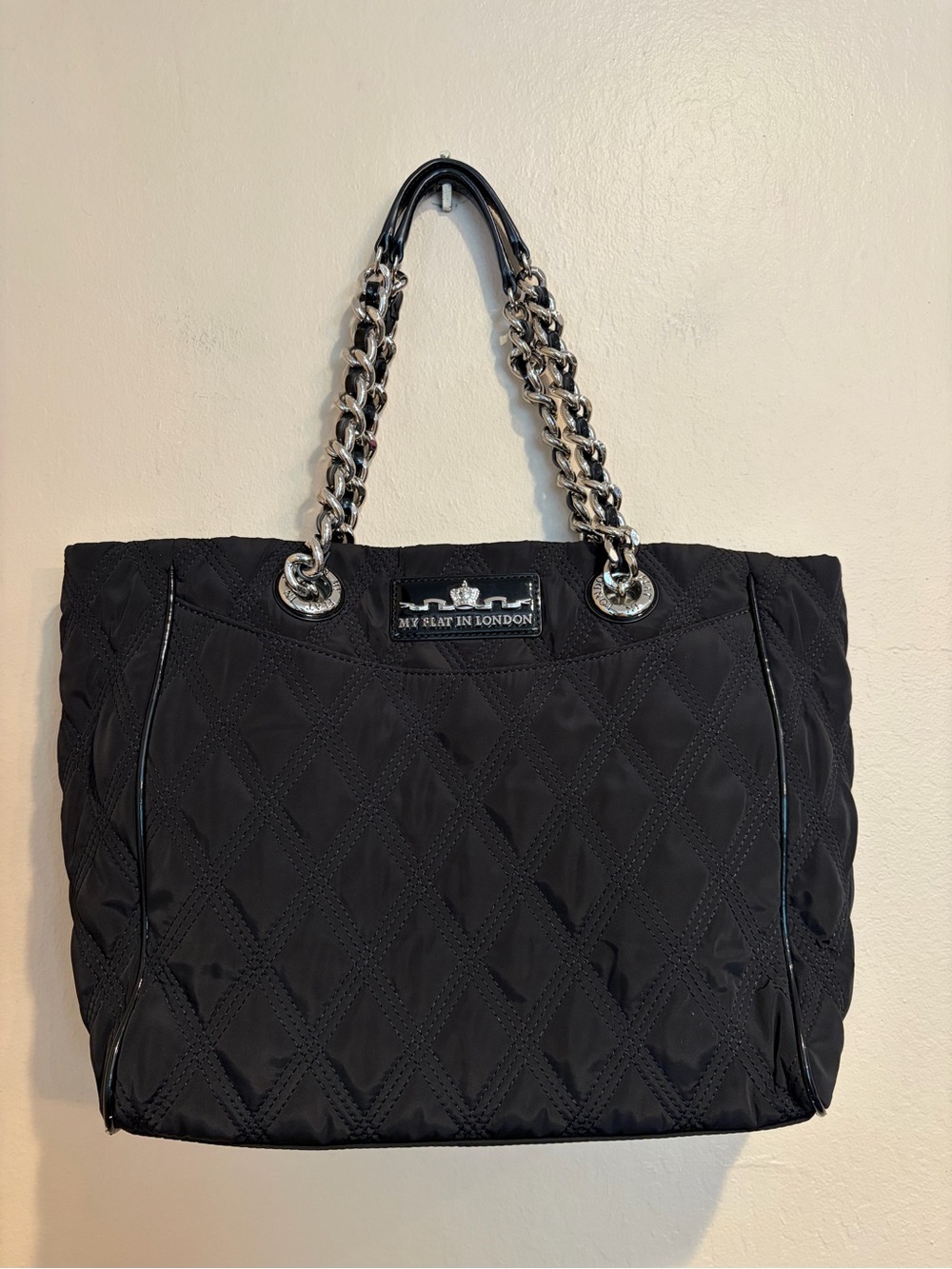 My Flat in London Dark Black Quilted Tote w/ Silver Chain Handles & Heart Charm